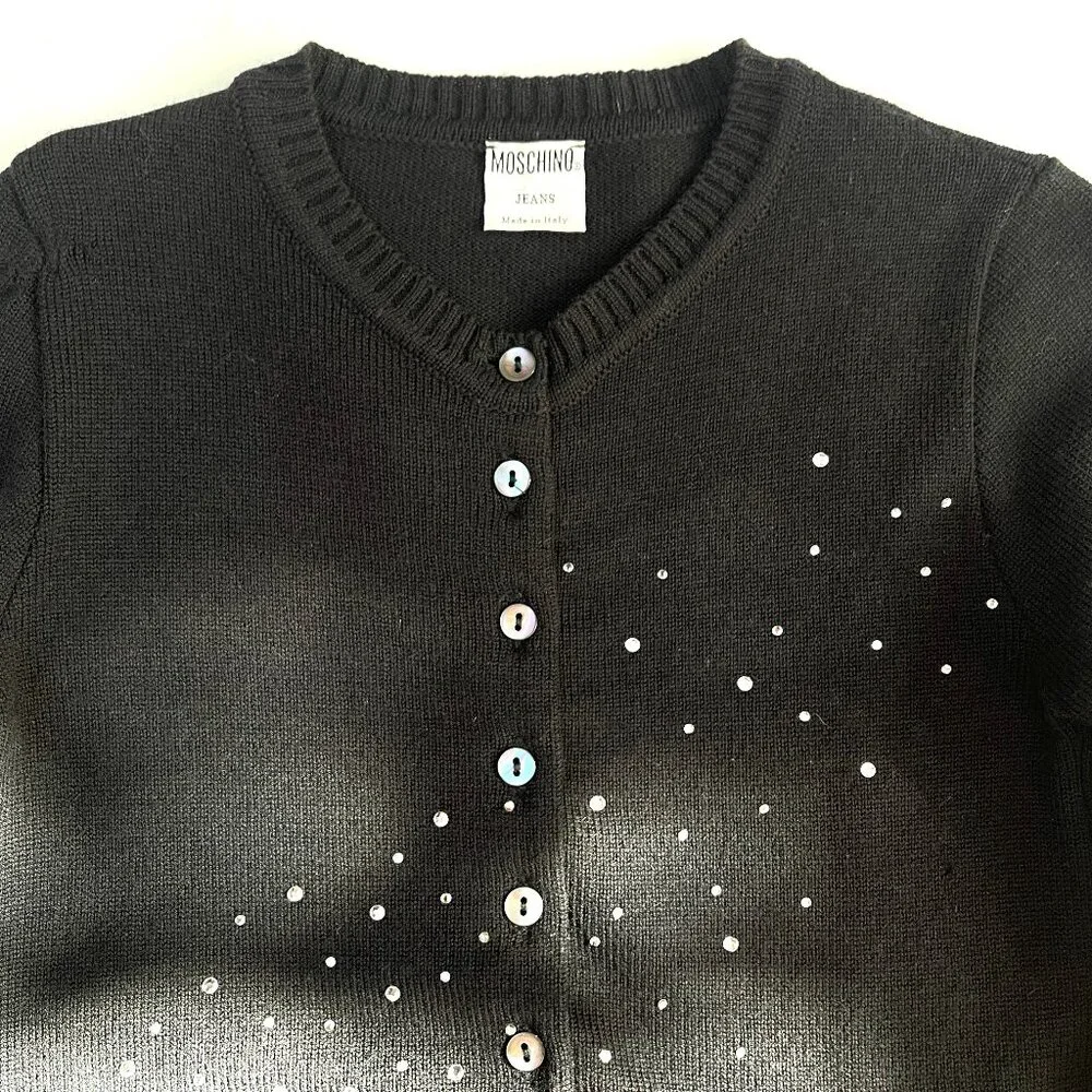 Auc Moschno Rhinestones embellished Lana Wool Black cardigan S - Picture 7 of 14